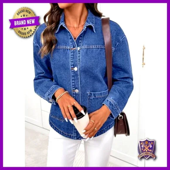 Oversized Denim Jacket Classic Boyfriend Fit Button Down Casual Chic